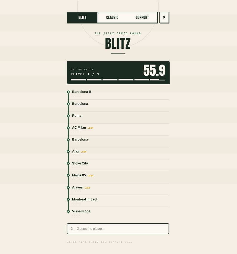 Blitz mid-round: three players, 60 seconds each, hints dropping every ten seconds